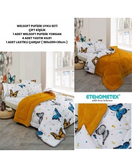 ETE HOMETEX ÇİFT KİŞİLİK WELSOFT UYKU SETİ KELEBEK HARDAL 8696474232028